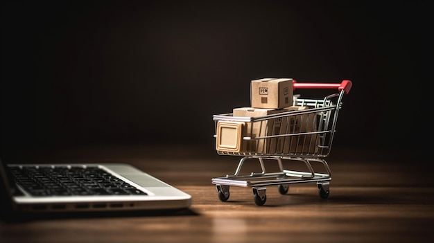 A laptop and a cart with boxes in it