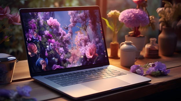 Laptop cherry blossom flowers screen display ai generated