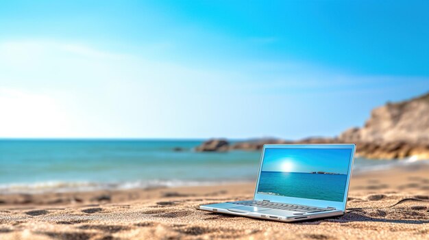 Foto un laptop e un chromebook sono posizionati su una spiaggia tranquilla che rappresenta il concetto di lavoro da remoto di digital nomad