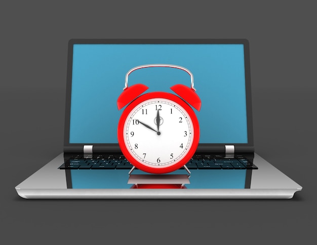 Photo laptop and clock. 3d illustration on black