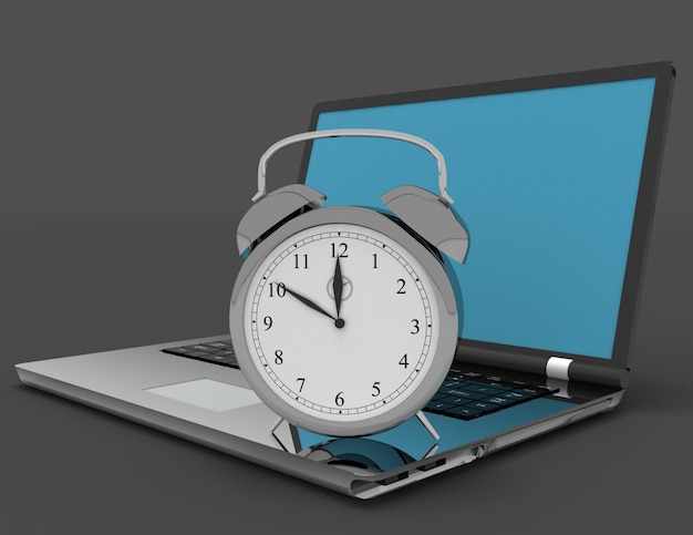 Laptop and clock. 3d illustration on black