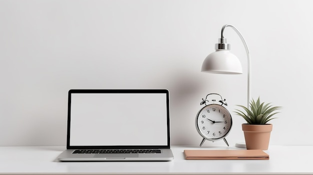 Laptop and clock on white table