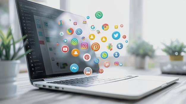 laptop closeup and social media icons flying out