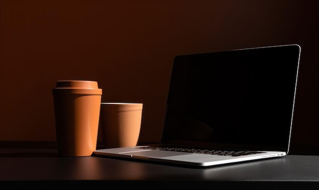 A laptop and a coffee cup are on a table.