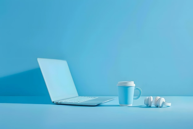 Laptop and coffee cup on blue background Top view with copy space