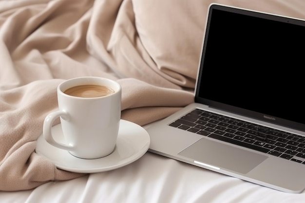 Laptop and coffee cup on light bed in bedroom