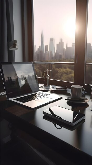 Photo laptop and coffee cup on table in modern office with city view