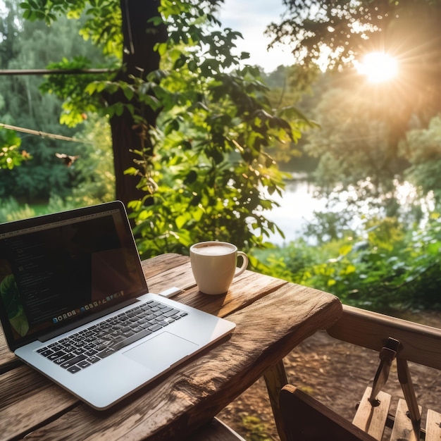 Photo laptop and coffee cup on a wooden table in a beautiful natural setting