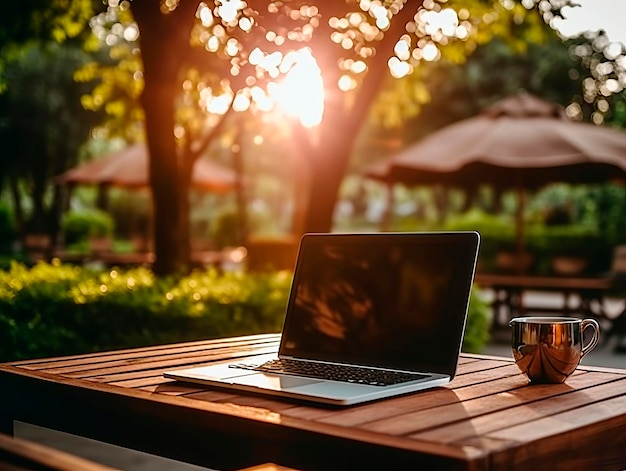 Laptop and coffee cup on wooden table in outdoor cafe with sunset light Generative AI