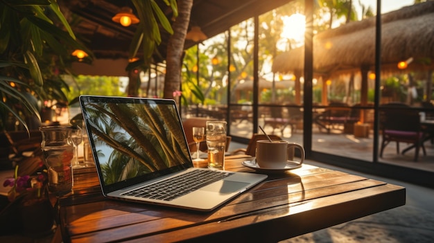 Laptop and coffee cup on wooden table in shop at sunset