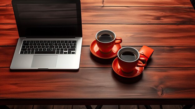 Laptop and coffee cup on the wooden table