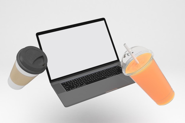 Laptop and Coffee Cups Floating In White Background