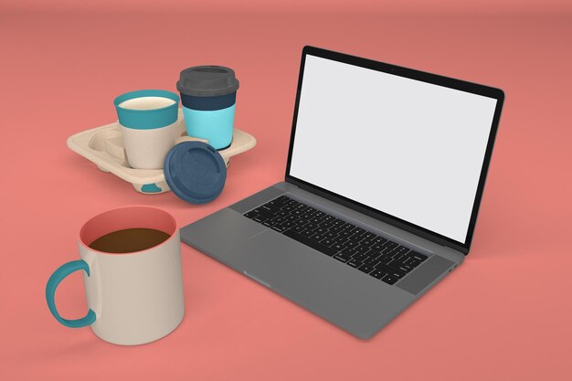 Laptop and Coffee Cups Right Side In Red Background