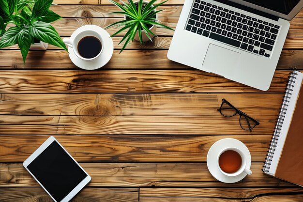 a laptop and coffee mugs on a wooden table with a palm tree on the top