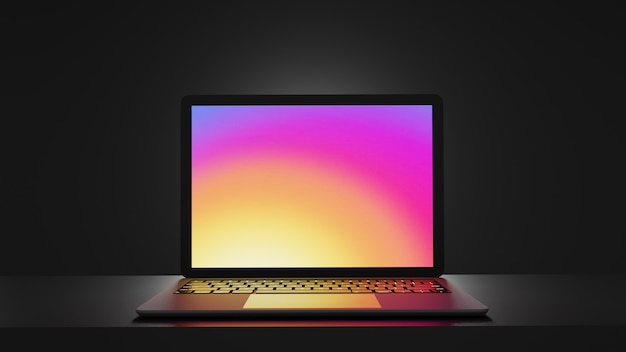 Laptop computer black color place on table with dark background. 3d illustration rendering image