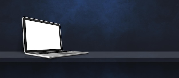 Laptop computer on black shelf background banner. 3D Illustration