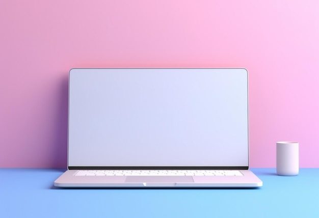 Laptop computer on a blue and pink surface with a cup generative ai