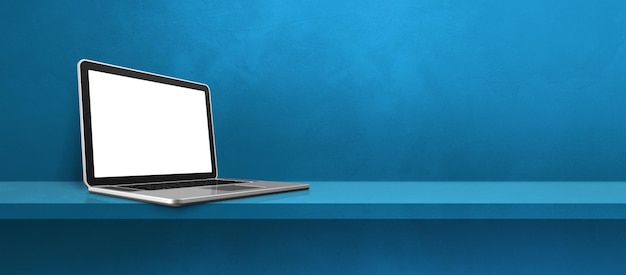 Laptop computer on blue shelf background banner. 3D Illustration