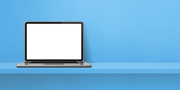 Laptop computer on blue shelf background banner. 3D Illustration