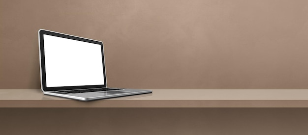 Laptop computer on brown shelf background banner 3D Illustration