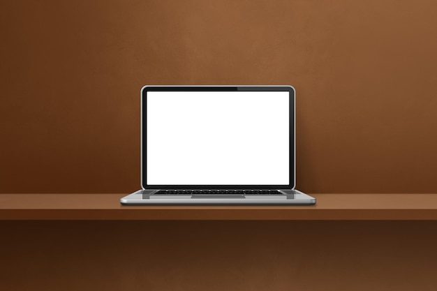 Laptop computer on brown shelf background