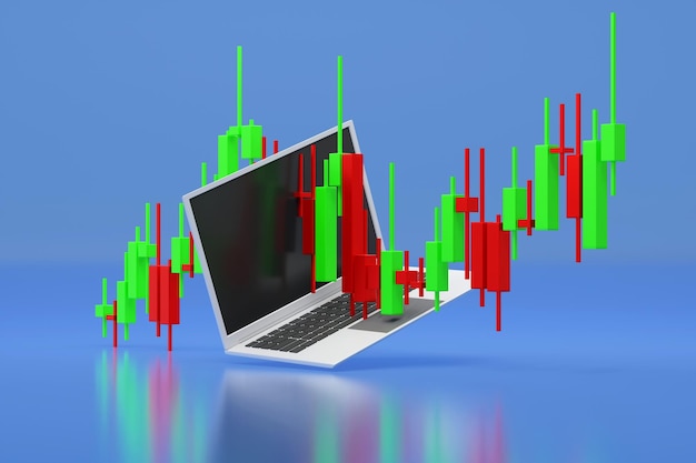 Laptop computer and candle stick chart showing stock market or cryptocurrency diagram 3d rendering