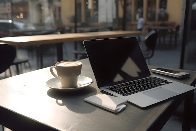 Photo laptop computer and coffee cup on table in coffee shop stock photo