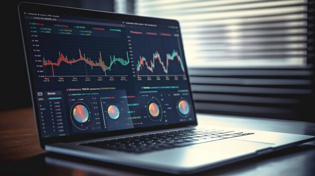 Laptop computer dashboard for business analysis of data and data management system with KPIs and metrics linked to a database for technological finance and Generative AI