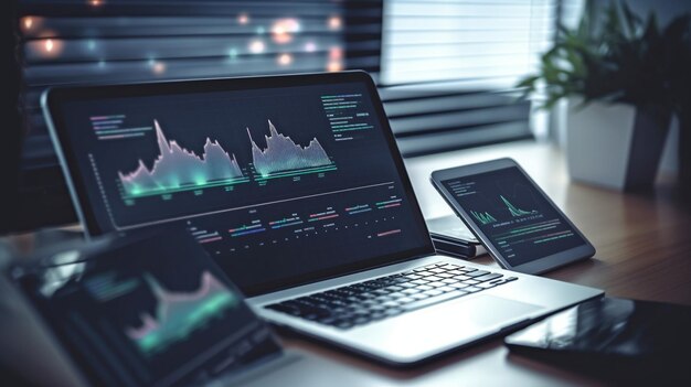 Laptop computer dashboard for business analysis of data and data management system with KPIs and metrics linked to a database for technological finance and Generative AI