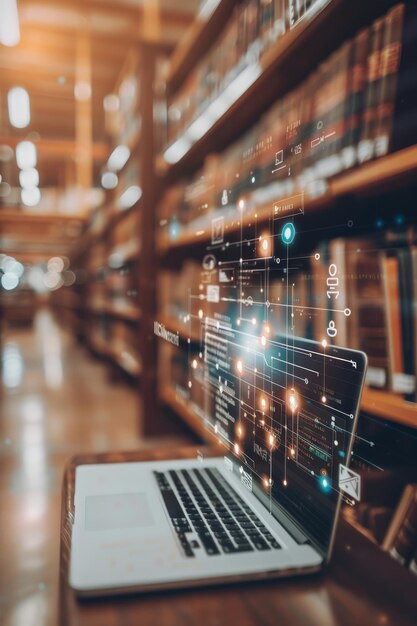 laptop computer displaying abstract programming code and data analysis interface in library setting