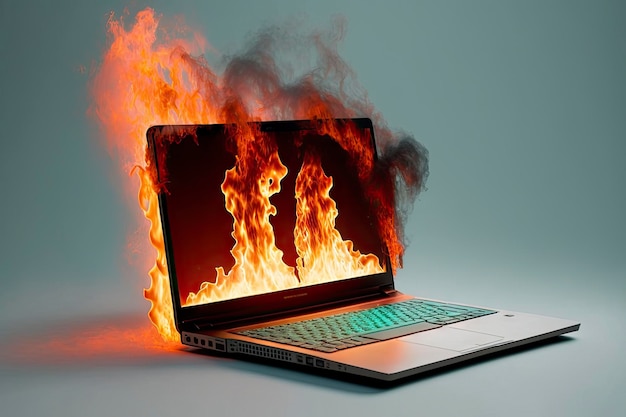 Laptop computer engulfed in flames and burning ai generative