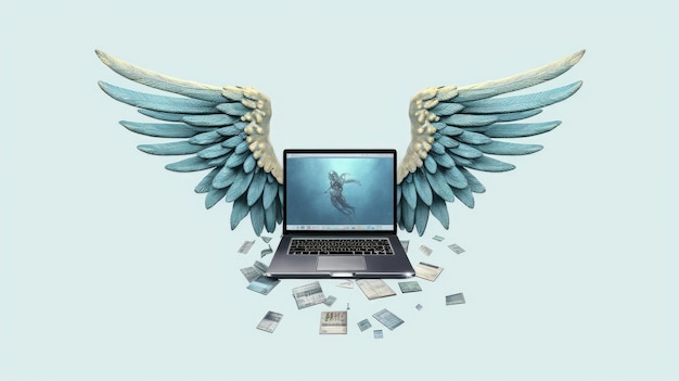 Ноутбук летит в воздухе с крыльями HD 8K обои Stock Photographic Image