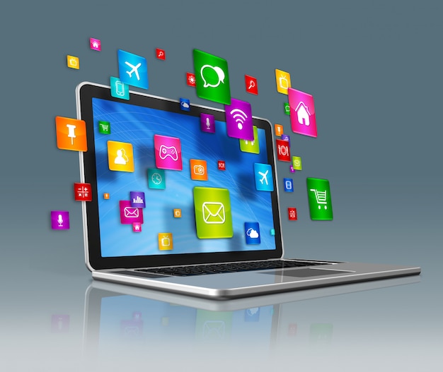 Icone dei apps di volo e del computer portatile su un fondo grigio