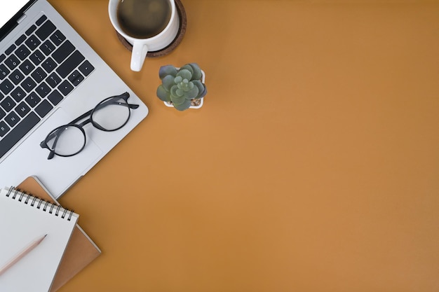 Laptop computer glasses cup of coffee notebook and succulent
plant on yellow background