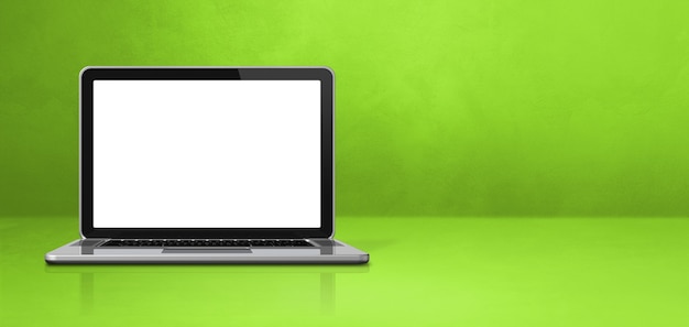 Laptop computer on green office scene background banner.