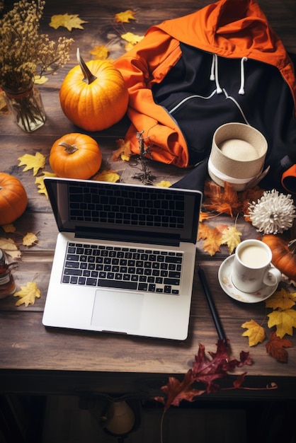 Laptop computer on happy halloween decorations table background