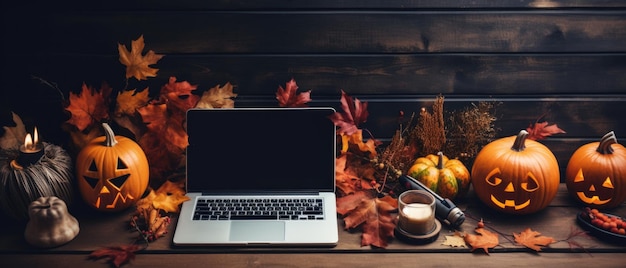 Laptop computer on happy halloween decorations table background