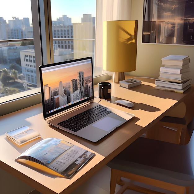 A laptop computer is on a desk with a book on the table.