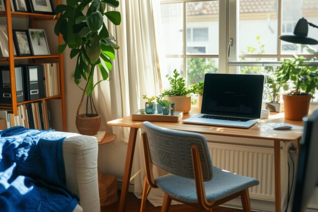 A laptop computer is positioned on top of a sturdy wooden desk A colorful and vibrant home office setup AI Generated