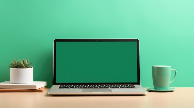 Laptop computer isolated green background with copy space