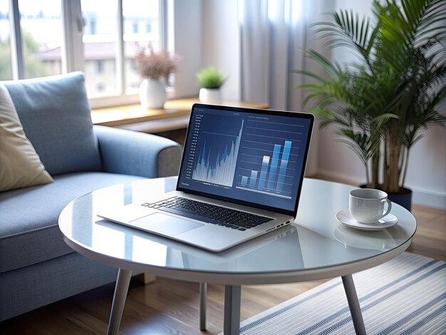 a laptop computer on a living room table