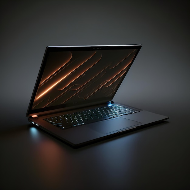 Laptop computer met verlichting op een donkere achtergrond 3d illustratie
