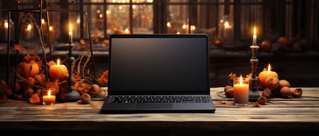 Laptop computer mock up blank screen on halloween thanksgiving background