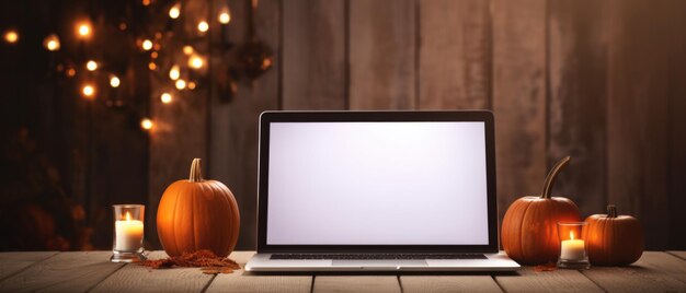 Laptop computer mock up blank screen on halloween thanksgiving background