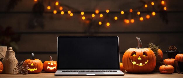 Foto il computer portatile simula lo schermo vuoto sullo sfondo del ringraziamento di halloween