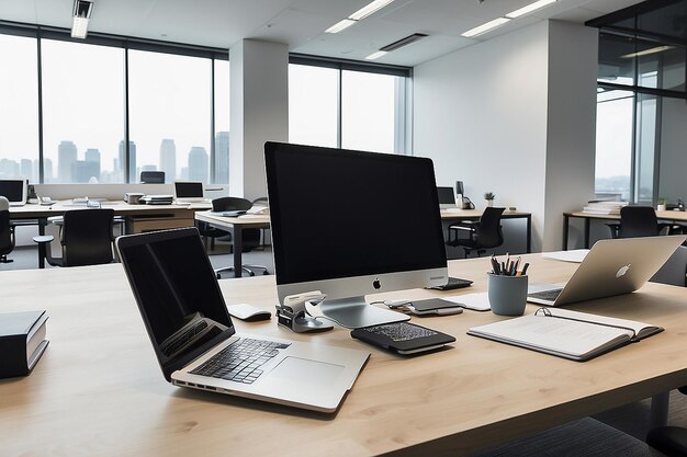 Foto laptop computer notebook e occhiali seduti su una scrivania in un grande ufficio a pianta aperta dopo le ore di lavoro