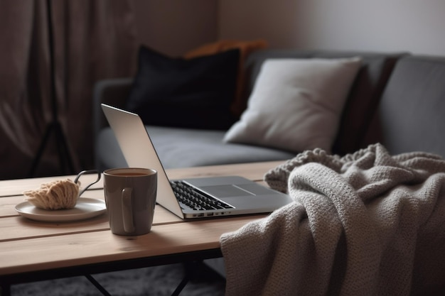 Photo laptop computer notepad and coffee on desk near grey sofa with blanket remote work at home office