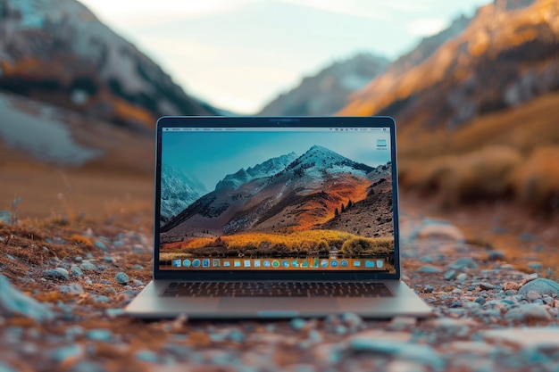 Laptop computer op de achtergrond van de Rock Mountain zonsondergang