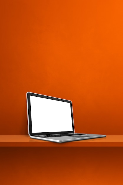 Laptop computer on orange shelf. Vertical background. 3D Illustration