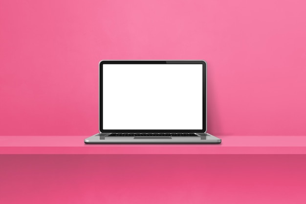 Laptop computer on pink shelf background